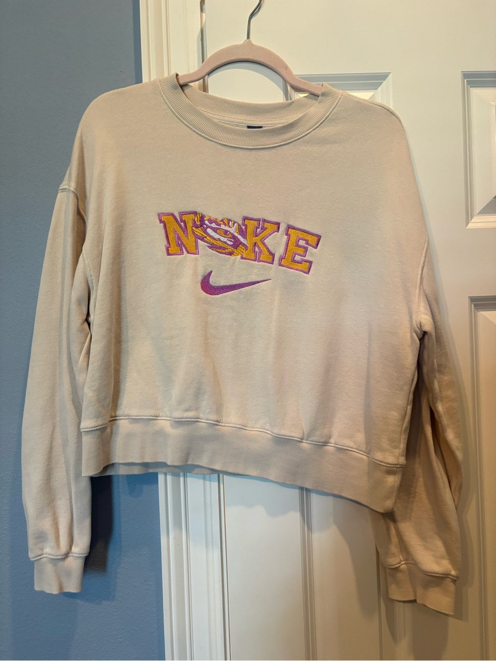 Cream Cropped Teddy Sweatshirt with Purple and Yellow Logo